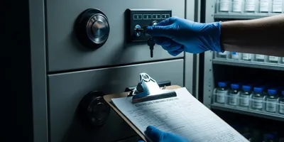 Researcher handling a secure cabinet for controlled substances