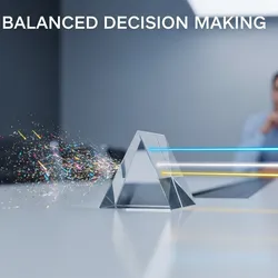 A conceptual, high-end corporate photography shot representing "Balanced Decision Making." A glass prism rests on a sleek white conference table. A beam of chaotic, multicolored light (representing confusion/data overload) enters one side, and the prism refracts it into three perfectly straight, distinct beams of blue, gold, and white light (representing Data, Process, and People) 