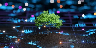 Tree emerging from a tech landscape, highlighting AI's environmental role