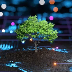 Tree emerging from a tech landscape, highlighting AI's environmental role