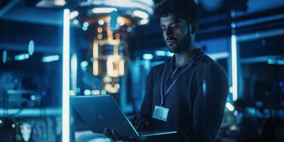 Professional in a quantum technology lab working on a laptop