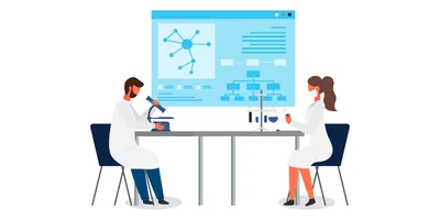 Scientists working with data visualization and instruments in a lab setting