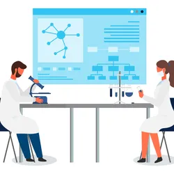 Scientists working with data visualization and instruments in a lab setting