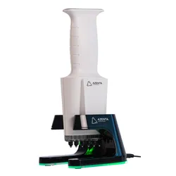 Azenta IntelliXcap benchtop automated tube capper/decapper with white vertical column and black base, illuminated with green LED accents.