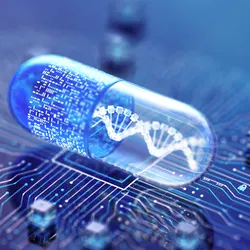 A digital capsule over a circuit board representing AI drug discovery platform