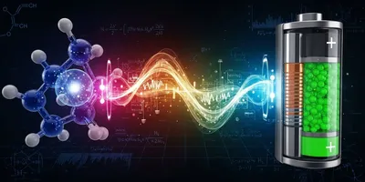 Molecule interacting with a battery, representing calorimetry in energy research.