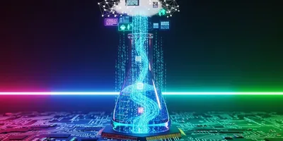 Conceptual image of automated workflows in calorimetry with data integration, image shows a flask with swirling liquids transforming into electronic data