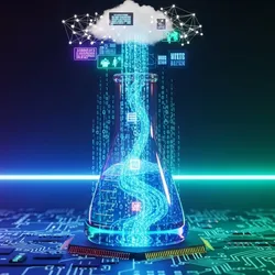 Conceptual image of automated workflows in calorimetry with data integration, image shows a flask with swirling liquids transforming into electronic data