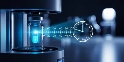 Calorimetry device measuring drug stability, illustration shows pharmacutical product with styleized scale and clock illustrating shelf-life measurement