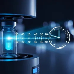 Calorimetry device measuring drug stability, illustration shows pharmacutical product with styleized scale and clock illustrating shelf-life measurement