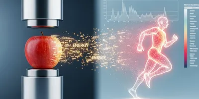 Calorimetry visual illustrating energy measurement from food, an apple is transformed into energy to support a wireframe runner