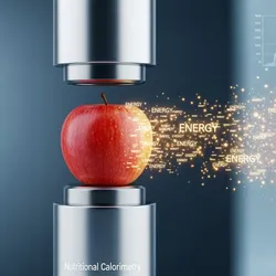 Calorimetry visual illustrating energy measurement from food, an apple is transformed into energy to support a wireframe runner
