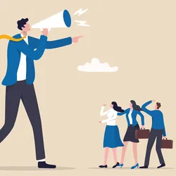 Antagonistic leadership depicted with a loud manager and hesitant team