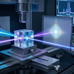 Advanced x-ray material characterization equipment analyzing a crystalline sample with visible diffraction beams and spectral data monitors in a modern quality assurance laboratory.