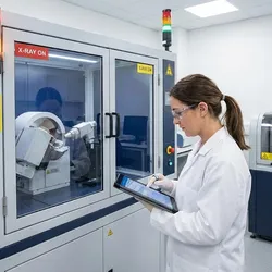 Scientist monitoring XRD equipment with illuminated radiation warning lights and safety signage in a modern laboratory
