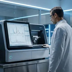 A hyper-realistic wide shot of a male scientist in a white lab coat and safety glasses standing next to a sleek, modern X-ray Diffraction (XRD) and Fluorescence (XRF) machine in a sterile laboratory. The scientist is looking at the machine's large integrated monitor, which displays colorful spectral peaks and a diffraction pattern graph. The background features cool blue and white lighting, stainless steel counters, and laboratory glassware, creating a high-tech, professional atmosphere.