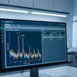 A close-up view of a computer monitor in a modern, high-tech laboratory displaying a Laboratory Information Management System (LIMS) dashboard. The screen features a dual-pane interface showing a colorful X-ray Diffraction (XRD) spectral graph with distinct peaks on the left and a data table of XRF elemental concentrations on the right. In the soft-focus background, a sleek white industrial-grade X-ray analytical instrument sits on a clean laboratory bench under cool, professional lighting.