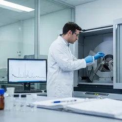 A scientist in a pharmaceutical laboratory loads a sample into an X-ray diffractometer (XRD) instrument, with a diffractogram pattern displayed on a computer monitor, for solid-state analysis and quality control in drug development.