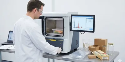 Scientist using a desktop XRF analyzer to test food packaging materials like plastic and cardboard for trace metals in a laboratory.