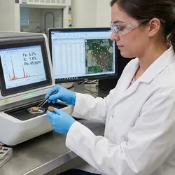A realistic photograph of a female laboratory technician wearing a white coat, safety glasses, and blue gloves, carefully placing a round, pressed soil pellet into the tray of a benchtop X-ray Fluorescence (XRF) analyzer. The analyzer's screen displays a spectral graph and elemental data such as "Fe: 5.2%." On the stainless steel counter, there is a rack of similar soil pellets, a jar of ground soil, a mortar and pestle, and a stack of metal sieves. A computer monitor in the background displays a map of sampling locations and a data table.