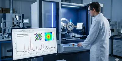 A scientist in a laboratory operates an X-ray diffraction (XRD) machine, analyzing a metal part. A monitor next to the instrument displays a graph labeled "Rietveld Refinement" and "Phase Identification," illustrating the technique for alloy characterization.