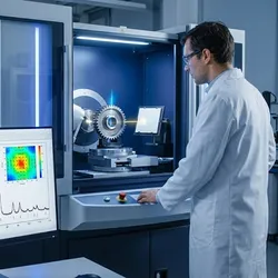 A scientist in a laboratory operates an X-ray diffraction (XRD) machine, analyzing a metal part. A monitor next to the instrument displays a graph labeled "Rietveld Refinement" and "Phase Identification," illustrating the technique for alloy characterization.