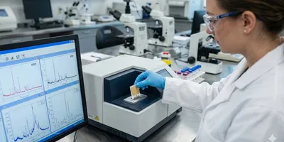 Forensic scientist performing XRD/XRF trace evidence analysis on a benchtop X-ray analyzer with spectral data graphs on the monitor.