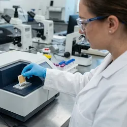 Forensic scientist performing XRD/XRF trace evidence analysis on a benchtop X-ray analyzer with spectral data graphs on the monitor.