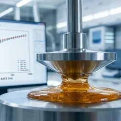 A hyper-realistic close-up of a high-tech rotational rheometer in a sterile R&D laboratory. A stainless steel cone geometry presses down onto a translucent, viscous amber fluid, highlighting its surface tension. In the soft-focus background, a computer monitor displays a vibrant, multi-colored flow curve graph.