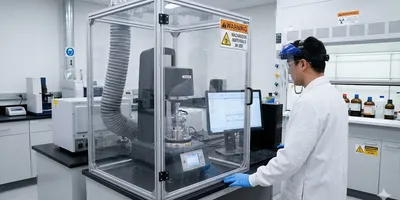 The image displays a clean, modern laboratory setting focused on safety during material testing. In the foreground, a male scientist wearing a white lab coat, blue nitrile gloves, safety glasses, and a protective face shield stands attentively next to a rheometer.
