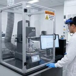 The image displays a clean, modern laboratory setting focused on safety during material testing. In the foreground, a male scientist wearing a white lab coat, blue nitrile gloves, safety glasses, and a protective face shield stands attentively next to a rheometer.