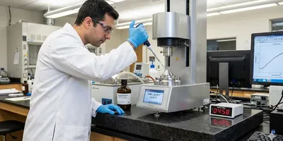 A laboratory technician in a white coat carefully pipettes a sample onto the cone-and-plate geometry of a rotational rheometer placed on a black granite table. The instrument's display reads "TEMP: 25.00°C," and a separate timer reads "REST TIME: 04:58." Background details include a bottle labeled "Viscosity Standard" and a computer monitor showing a flow curve graph.