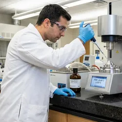 A laboratory technician in a white coat carefully pipettes a sample onto the cone-and-plate geometry of a rotational rheometer placed on a black granite table. The instrument's display reads "TEMP: 25.00°C," and a separate timer reads "REST TIME: 04:58." Background details include a bottle labeled "Viscosity Standard" and a computer monitor showing a flow curve graph.