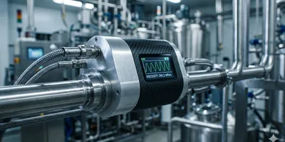 A photorealistic close-up of a high-tech inline rheology sensor mounted on a stainless steel pipe within a modern manufacturing facility. The sleek, metallic sensor features a digital interface displaying a bright green oscillating viscosity graph. The background is a blur of industrial machinery and conduits, illuminated by cool, crisp lighting that highlights the precision of the equipment.