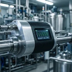 A photorealistic close-up of a high-tech inline rheology sensor mounted on a stainless steel pipe within a modern manufacturing facility. The sleek, metallic sensor features a digital interface displaying a bright green oscillating viscosity graph. The background is a blur of industrial machinery and conduits, illuminated by cool, crisp lighting that highlights the precision of the equipment.