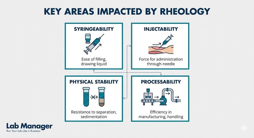A professional Lab Manager infographic titled "Key Areas Impacted by Rheology," organized into a two-by-two grid with teal borders on a light gray background.