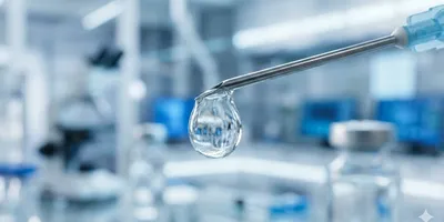 A photorealistic macro close-up of a silver medical syringe needle tip. A single, crystal-clear droplet of viscous liquid hangs precariously from the slanted tip, reflecting light to show its density and high surface tension. The background is a soft-focus, blurred modern pharmaceutical laboratory setting featuring sterile cool blue and white tones.