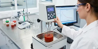 A female scientist in a lab coat and safety glasses operates a rotational viscometer, which is testing a red sauce sample submerged in a water bath, with a computer screen displaying data in the background.