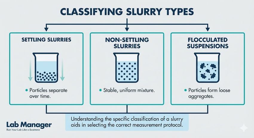 An infographic titled "Classifying Slurry Types" by Lab Manager features three distinct categories arranged horizontally, each illustrated with a simplified vector beaker icon.