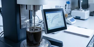 Rotational rheometer measuring the viscosity and yield stress of an environmental slurry using a vane geometry rotor in a laboratory.