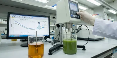 Laboratory testing of fertilizer viscosity using a rotational viscometer with a computer monitor displaying shear rate graphs and spray droplet size analysis.