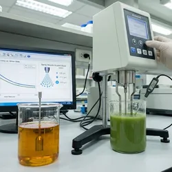 Laboratory testing of fertilizer viscosity using a rotational viscometer with a computer monitor displaying shear rate graphs and spray droplet size analysis.