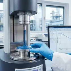 Rotational rheometer measuring viscosity of blue industrial coating with flow curve graph on computer screen.