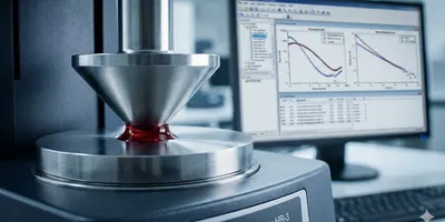 A close-up, photorealistic view of a stainless steel rotational rheometer in a sterile laboratory setting. The instrument's cone-and-plate geometry is compressing a small sample of viscous, deep red biological fluid. In the soft-focus background, a computer monitor displays complex scientific data charts and shear-thinning curves.