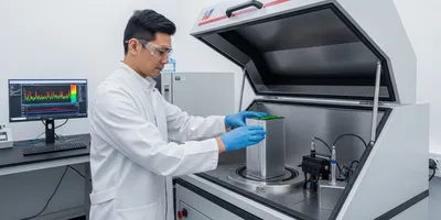A researcher in a white lab coat and safety glasses is carefully loading a silver prismatic solid-state battery cell into a large, open Isothermal Battery Calorimeter. The lab bench is clean and metallic, with a computer monitor in the background displaying real-time thermal curves.