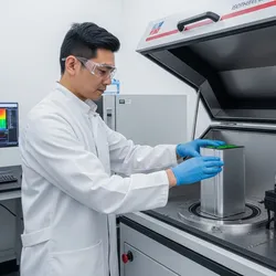 A researcher in a white lab coat and safety glasses is carefully loading a silver prismatic solid-state battery cell into a large, open Isothermal Battery Calorimeter. The lab bench is clean and metallic, with a computer monitor in the background displaying real-time thermal curves. 