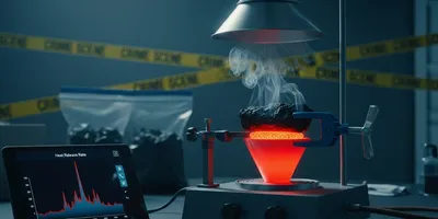 In a dimly lit lab, a piece of charred material is clamped under the glowing red heating element of a Cone Calorimeter
