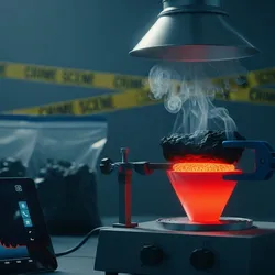 In a dimly lit lab, a piece of charred material is clamped under the glowing red heating element of a Cone Calorimeter