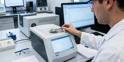 Scientist performing thermal analysis by loading a sample into a Differential Scanning Calorimeter (DSC) for material characterization and stability testing.