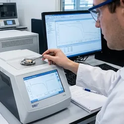 Scientist performing thermal analysis by loading a sample into a Differential Scanning Calorimeter (DSC) for material characterization and stability testing.